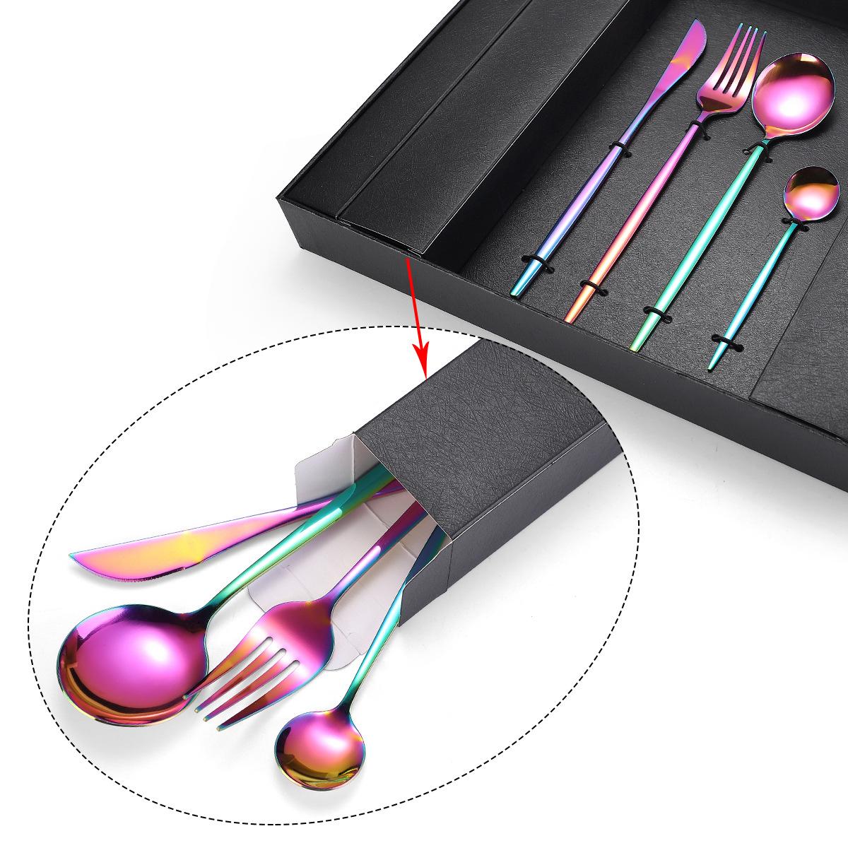 16-piece Stainless Steel Rainbow Color Set Knife Fork Spoon Flatware Set Cutlery Set