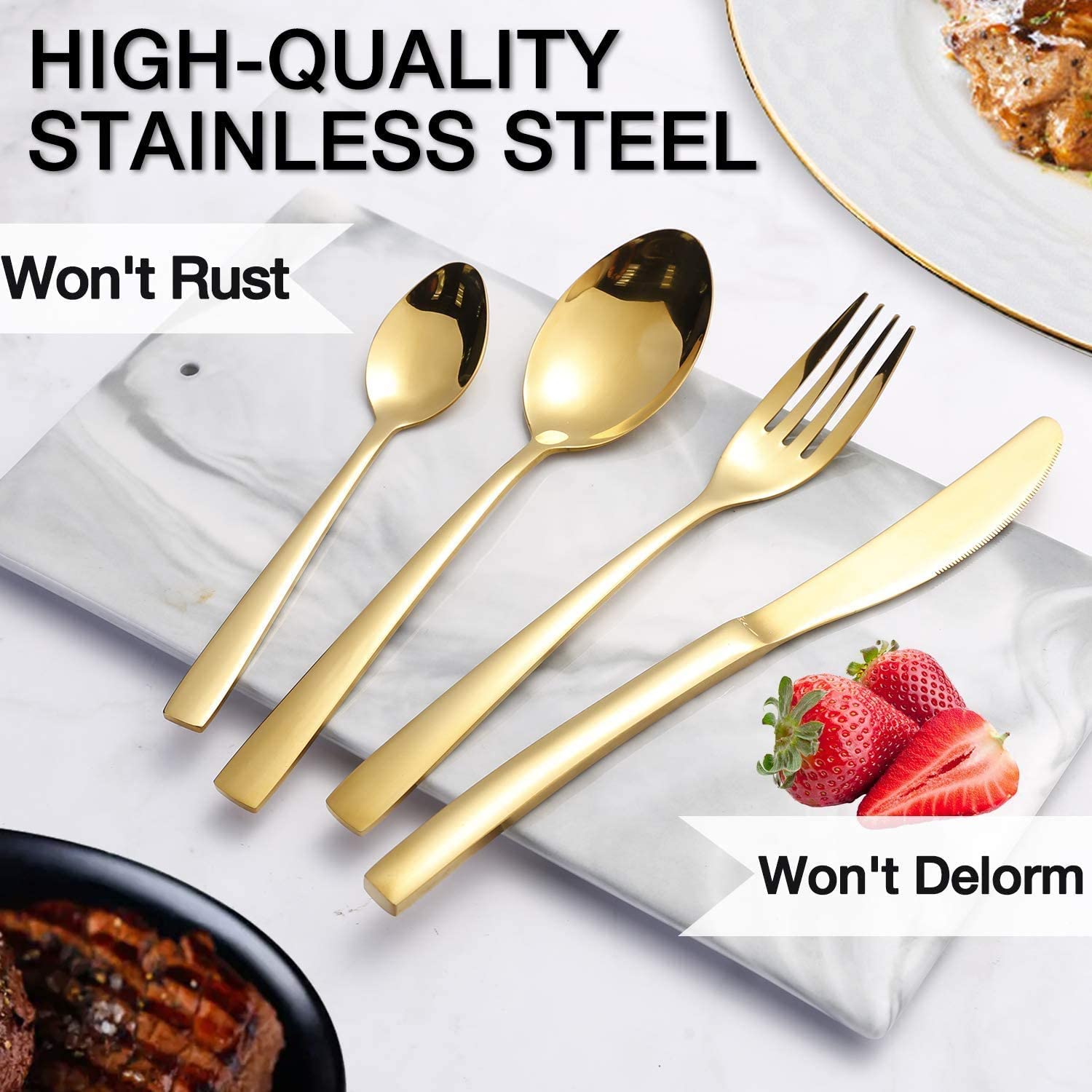 24-piece Stainless Steel Gold Set Knife Fork Spoon Flatware Set Cutlery Set Mirror Finish