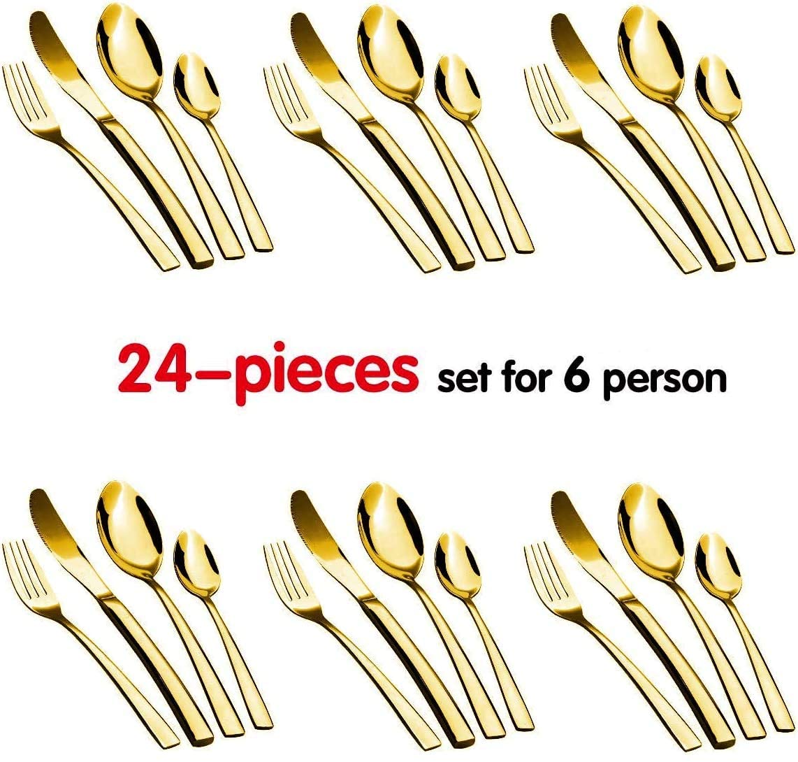 24-piece Stainless Steel Gold Set Knife Fork Spoon Flatware Set Cutlery Set Mirror Finish
