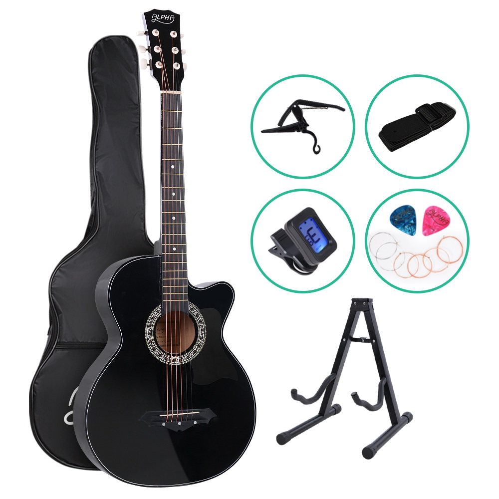 Alpha 38 Inch Wooden Acoustic Guitar With Accessories Set Black