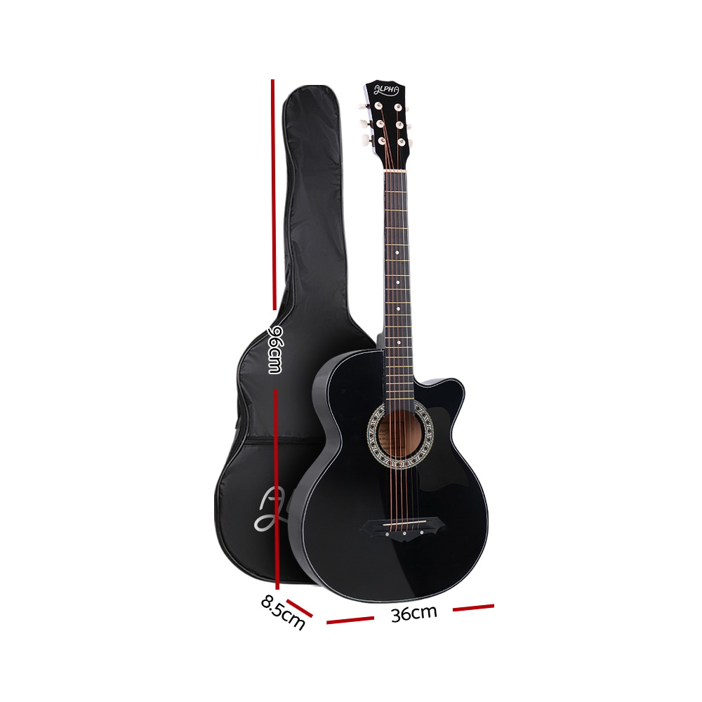 Alpha 38 Inch Wooden Acoustic Guitar With Accessories Set Black