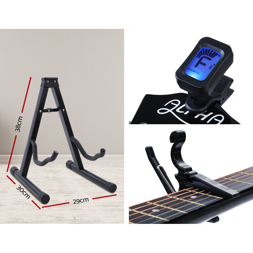 Alpha 38 Inch Wooden Acoustic Guitar With Accessories Set Black