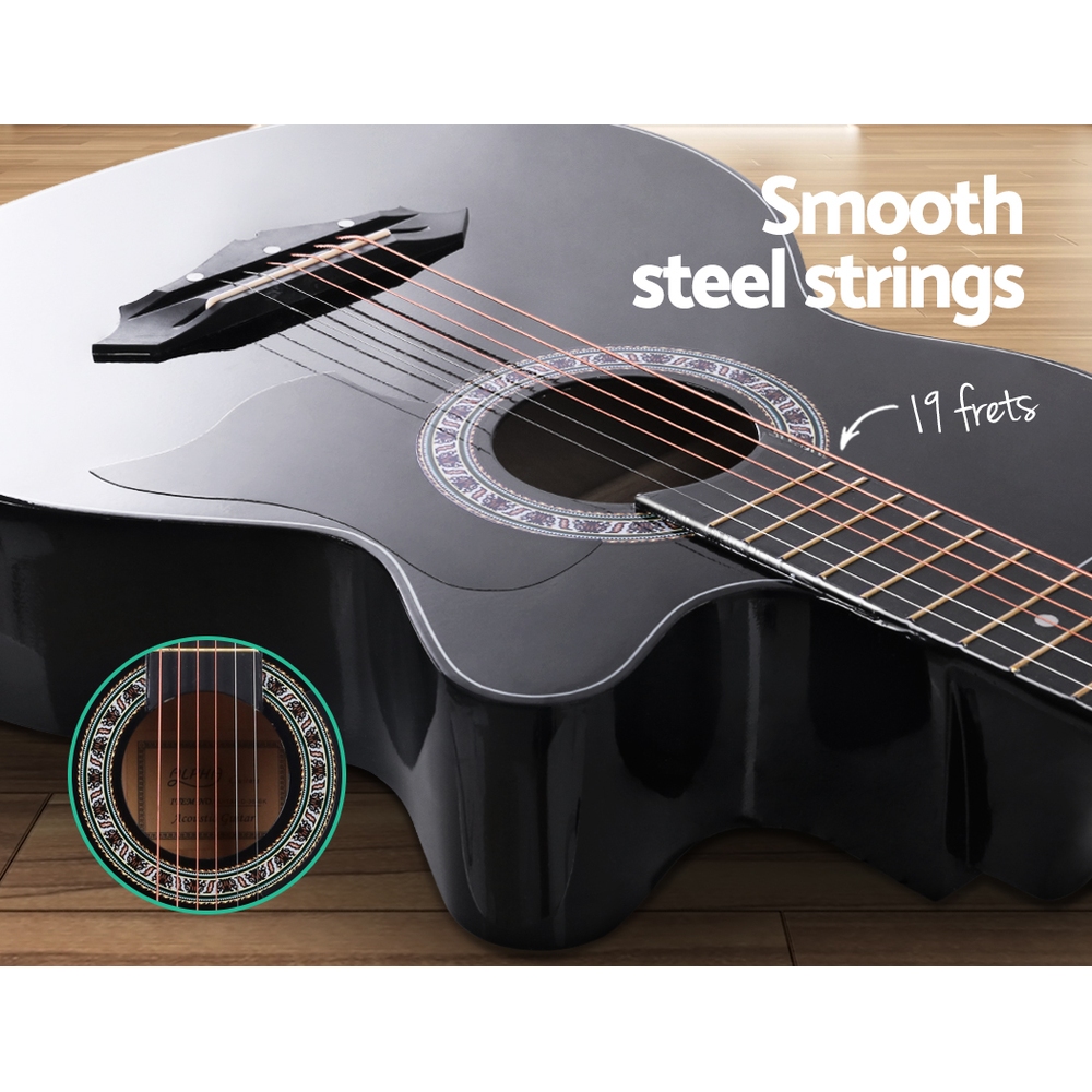 Alpha 38 Inch Wooden Acoustic Guitar With Accessories Set Black