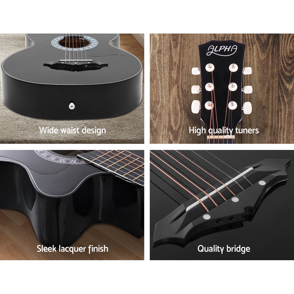 Alpha 38 Inch Wooden Acoustic Guitar With Accessories Set Black