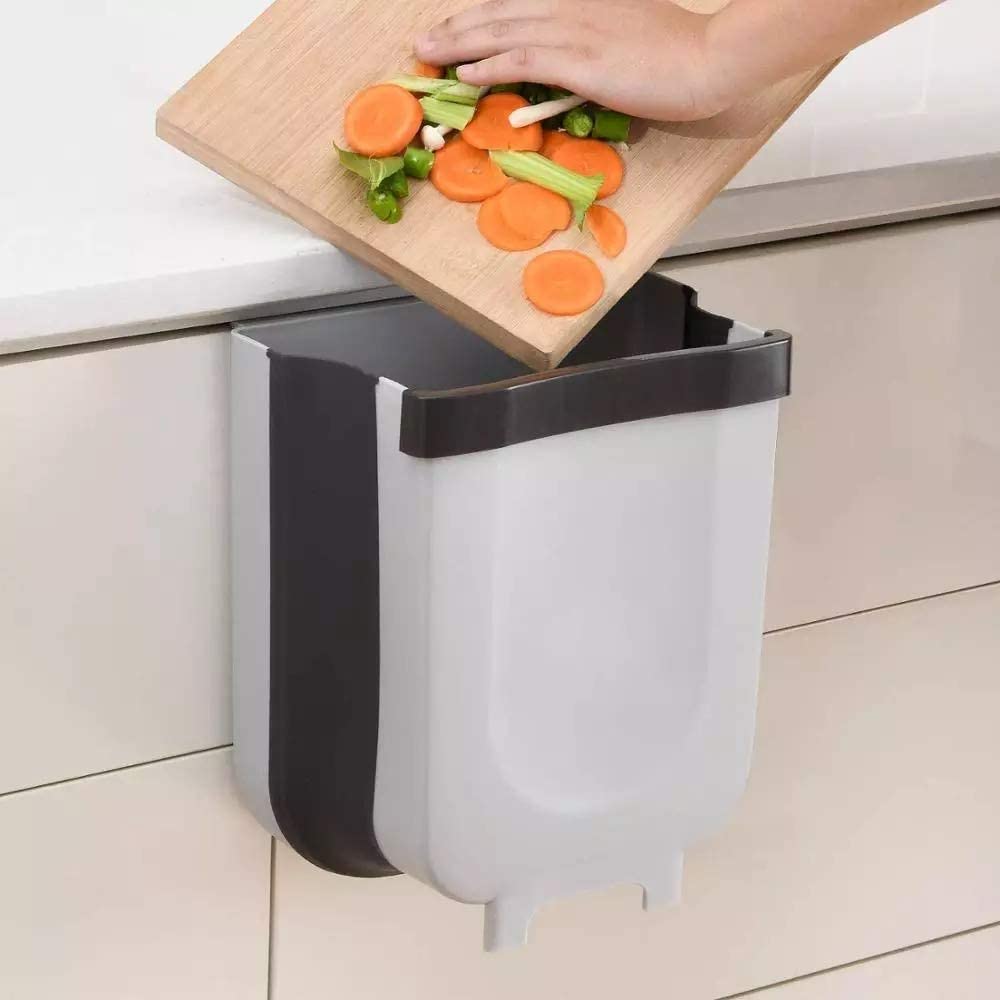 Hanging Trash Can Collapsible Small Garbage Waste Bin for Kitchen Cabinet Door (grey)