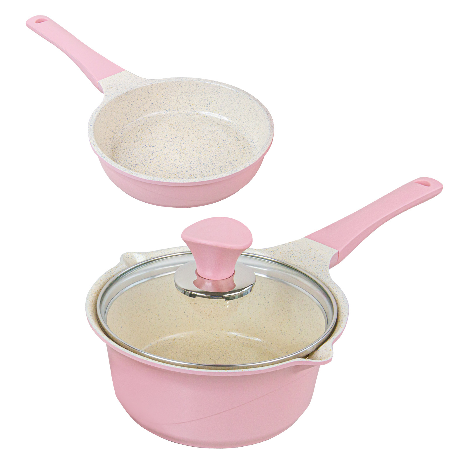 Happy Lambs 16cm Pink Sauce Pot Frying Pan W a Lid Set Non-stick Stone Induction Ih Frypan