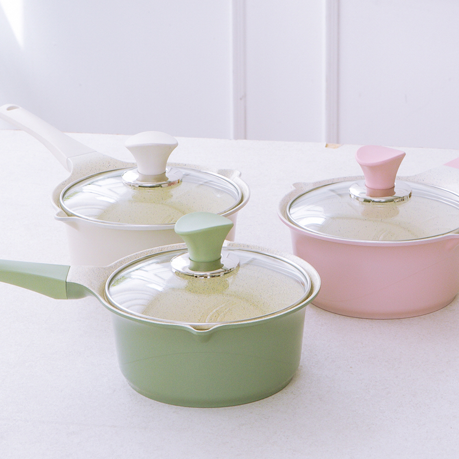 Happy Lambs 16cm Pink Sauce Pot Frying Pan W a Lid Set Non-stick Stone Induction Ih Frypan