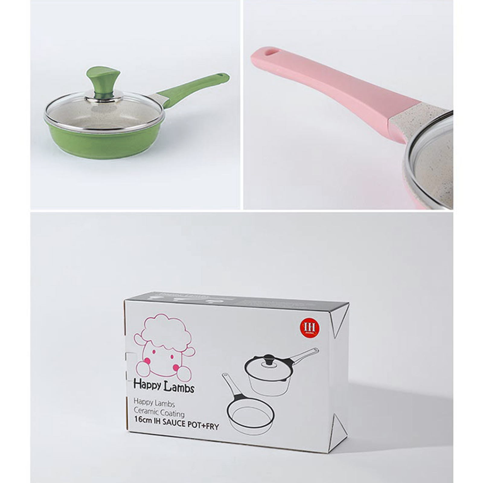 Happy Lambs 16cm Pink Sauce Pot Frying Pan W a Lid Set Non-stick Stone Induction Ih Frypan
