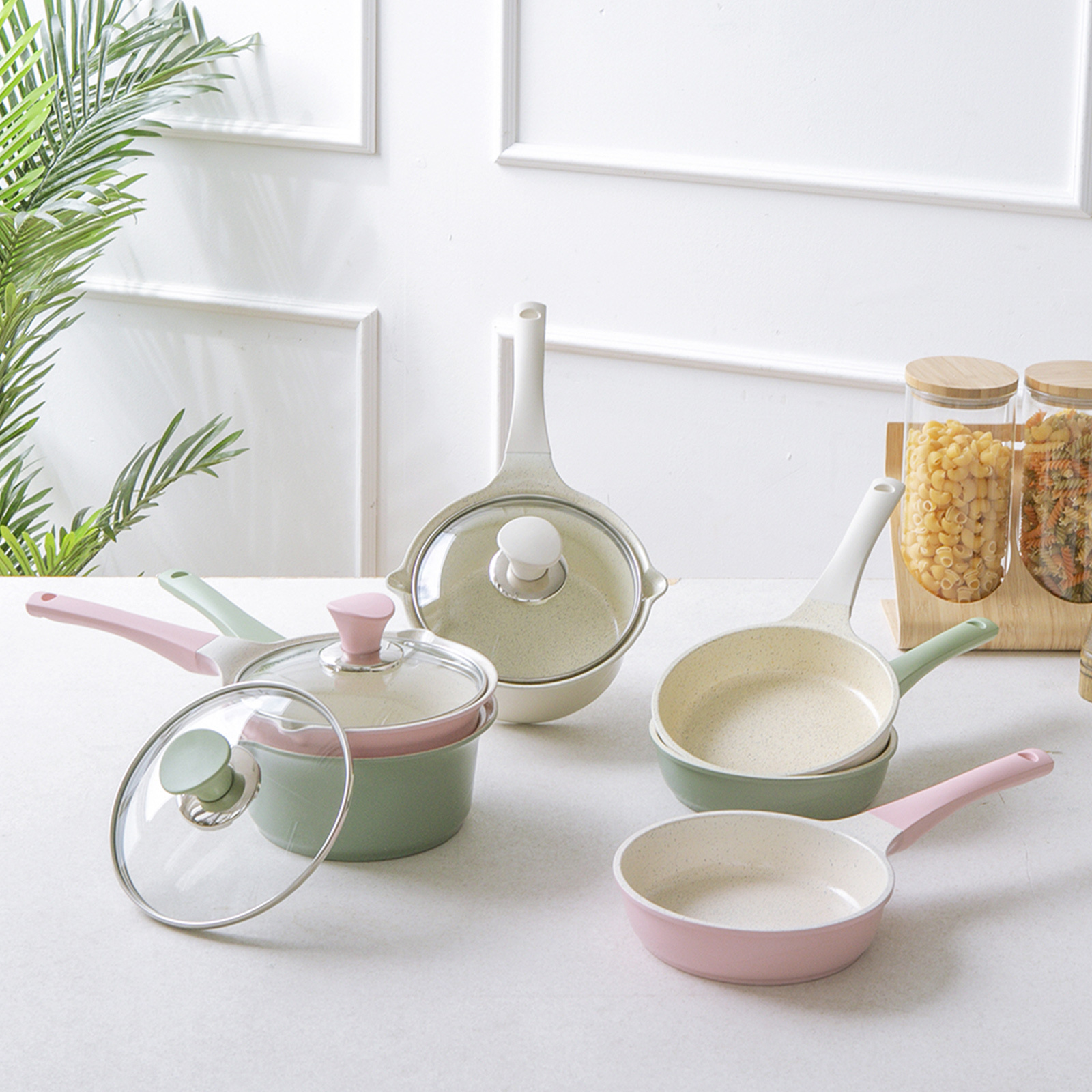Happy Lambs 16cm Pink Sauce Pot Frying Pan W a Lid Set Non-stick Stone Induction Ih Frypan