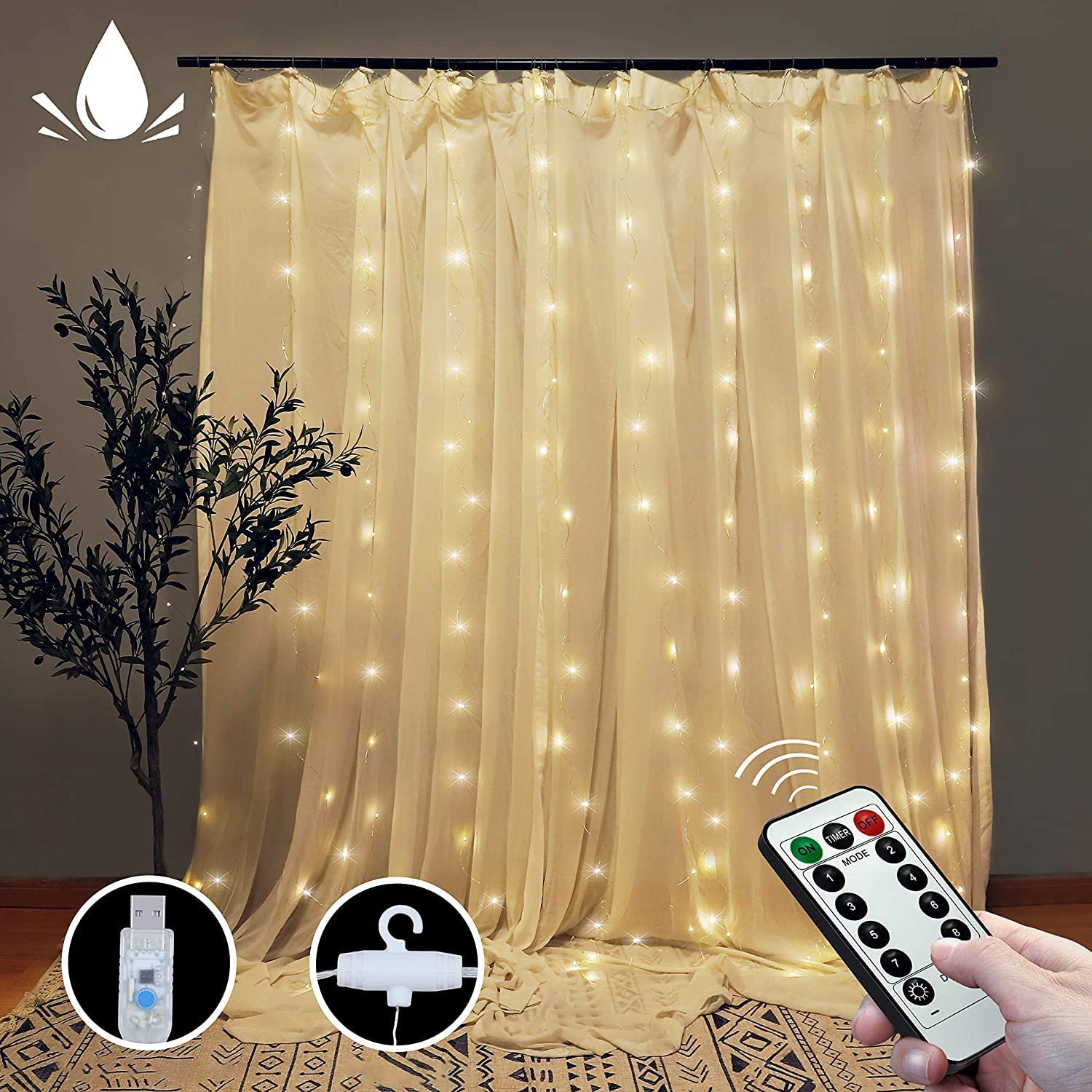 300 Leds Window Curtain Fairy Lights 8 Modes and Remote Control for Bedroom (warm White 300 X 300cm)