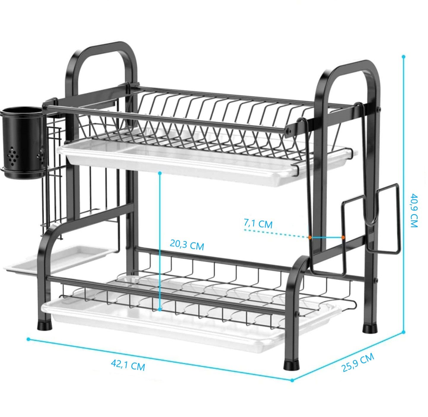 Stainless Steel 2-tier Dish Drying Rack With Utensil Holder Cutting Board Holder and Dish Drainer for Kitchen Counter (black)