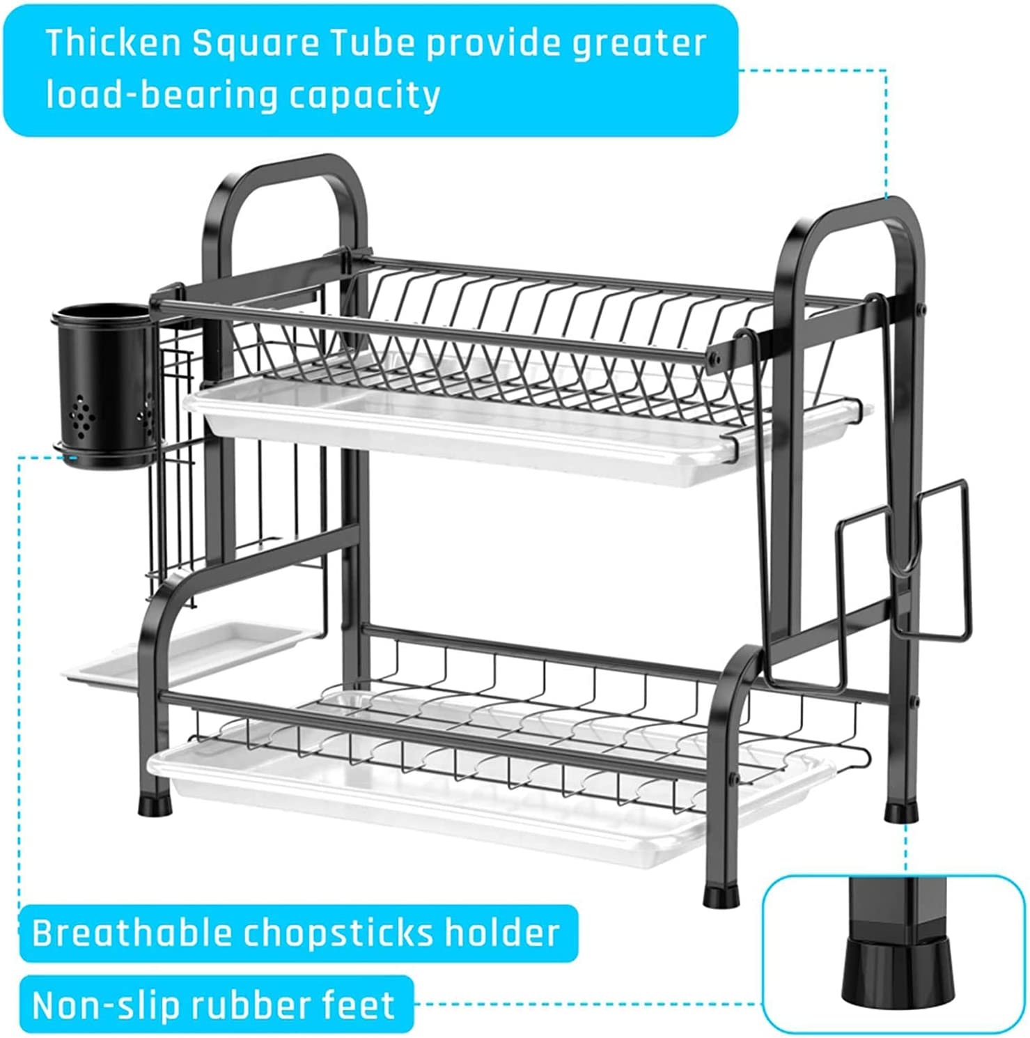 Stainless Steel 2-tier Dish Drying Rack With Utensil Holder Cutting Board Holder and Dish Drainer for Kitchen Counter (black)