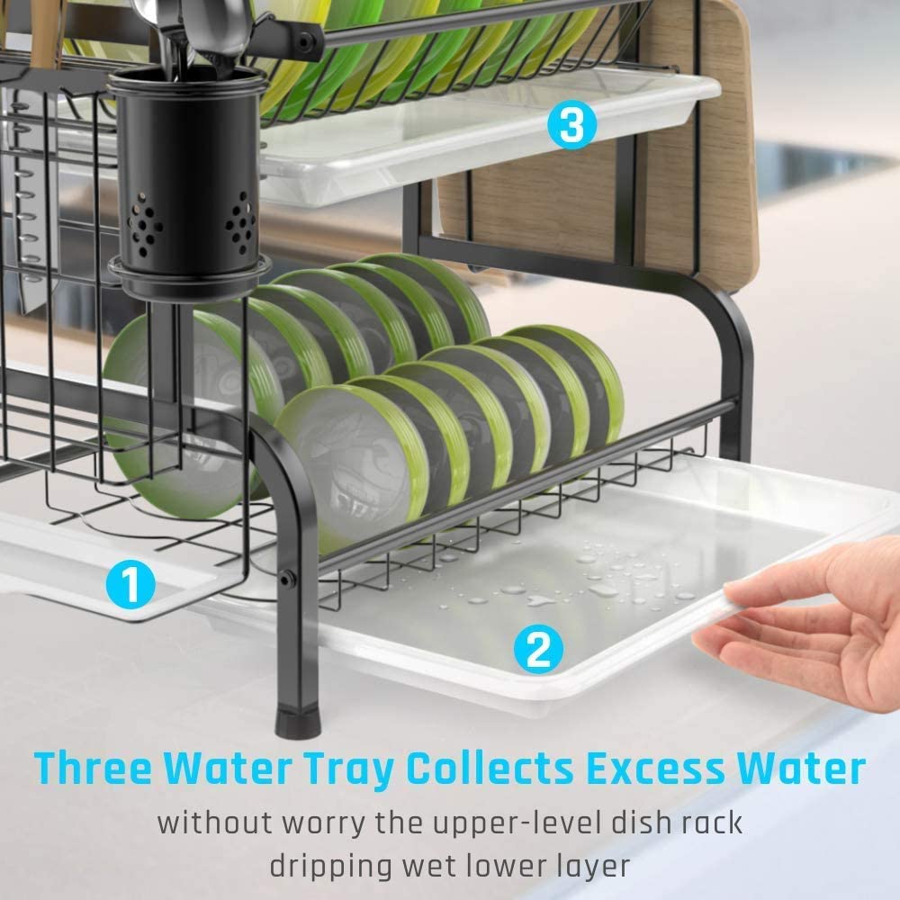 Stainless Steel 2-tier Dish Drying Rack With Utensil Holder Cutting Board Holder and Dish Drainer for Kitchen Counter (black)