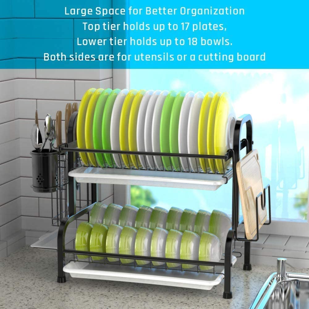 Stainless Steel 2-tier Dish Drying Rack With Utensil Holder Cutting Board Holder and Dish Drainer for Kitchen Counter (black)