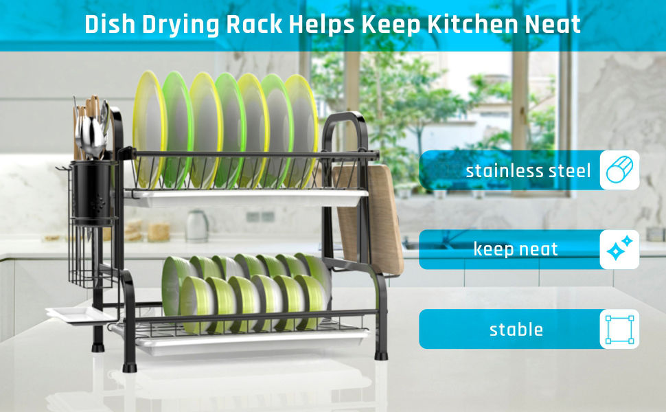 Stainless Steel 2-tier Dish Drying Rack With Utensil Holder Cutting Board Holder and Dish Drainer for Kitchen Counter (black)