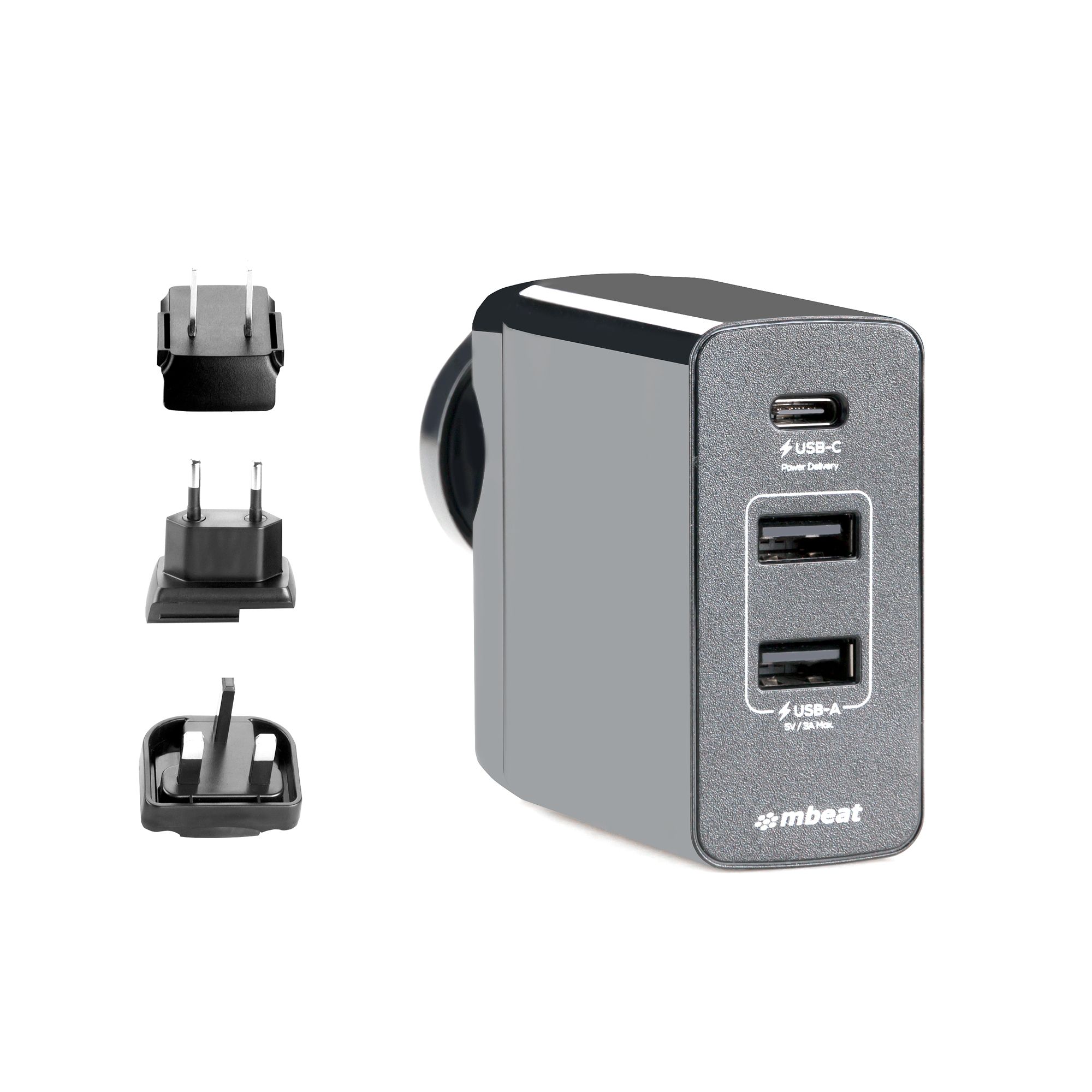 Mbeat Gorilla Power 3-port Usb-c Power Delivery (pd) World Travel Charger (usb-c X 1 Usb-a X 2) With Interchangeable Plugs