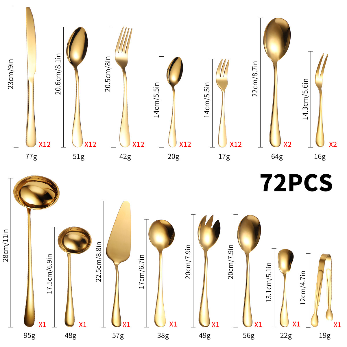 72-piece Stainless Steel Gold Set Knife Fork Spoon Flatware Set Cutlery Set 12 Sets
