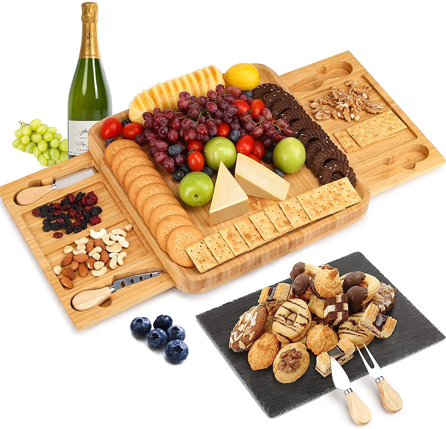 Bamboo Cheese Board and Knife Set With Cutlery Including Slate Rock Tray 4 Stainless Steel Knife and Thick Wooden Tray