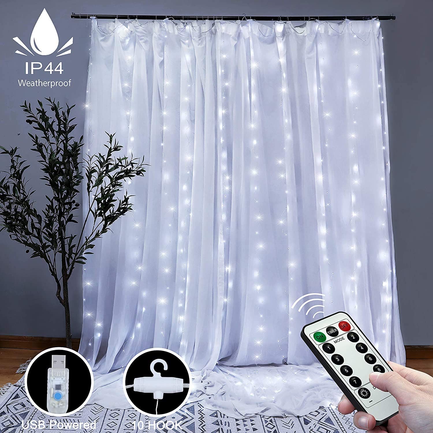 300 Leds Window Curtain Fairy Lights 8 Modes and Remote Control for Bedroom (cool White 300 X 300cm)