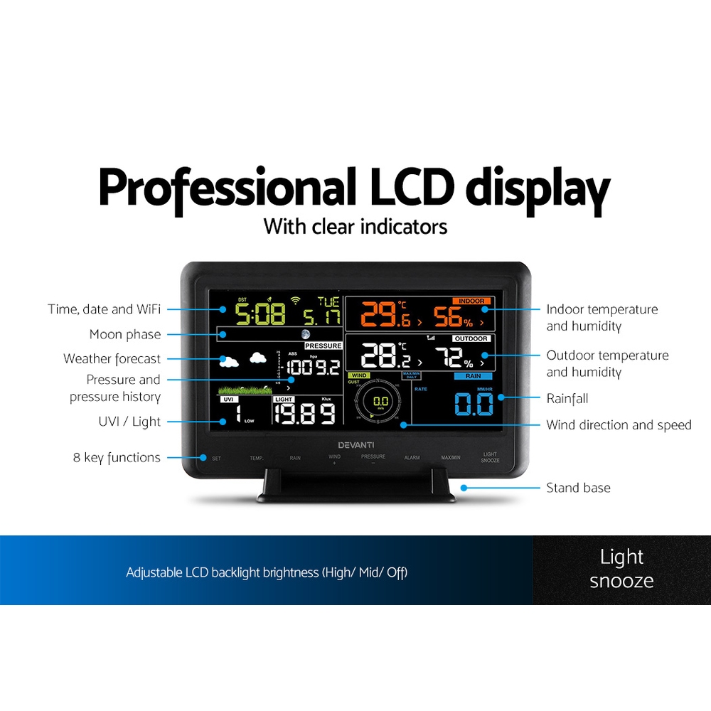 Devanti Wireless Wifi Professional Weather Station Solar Sensor Lcd Uv Light