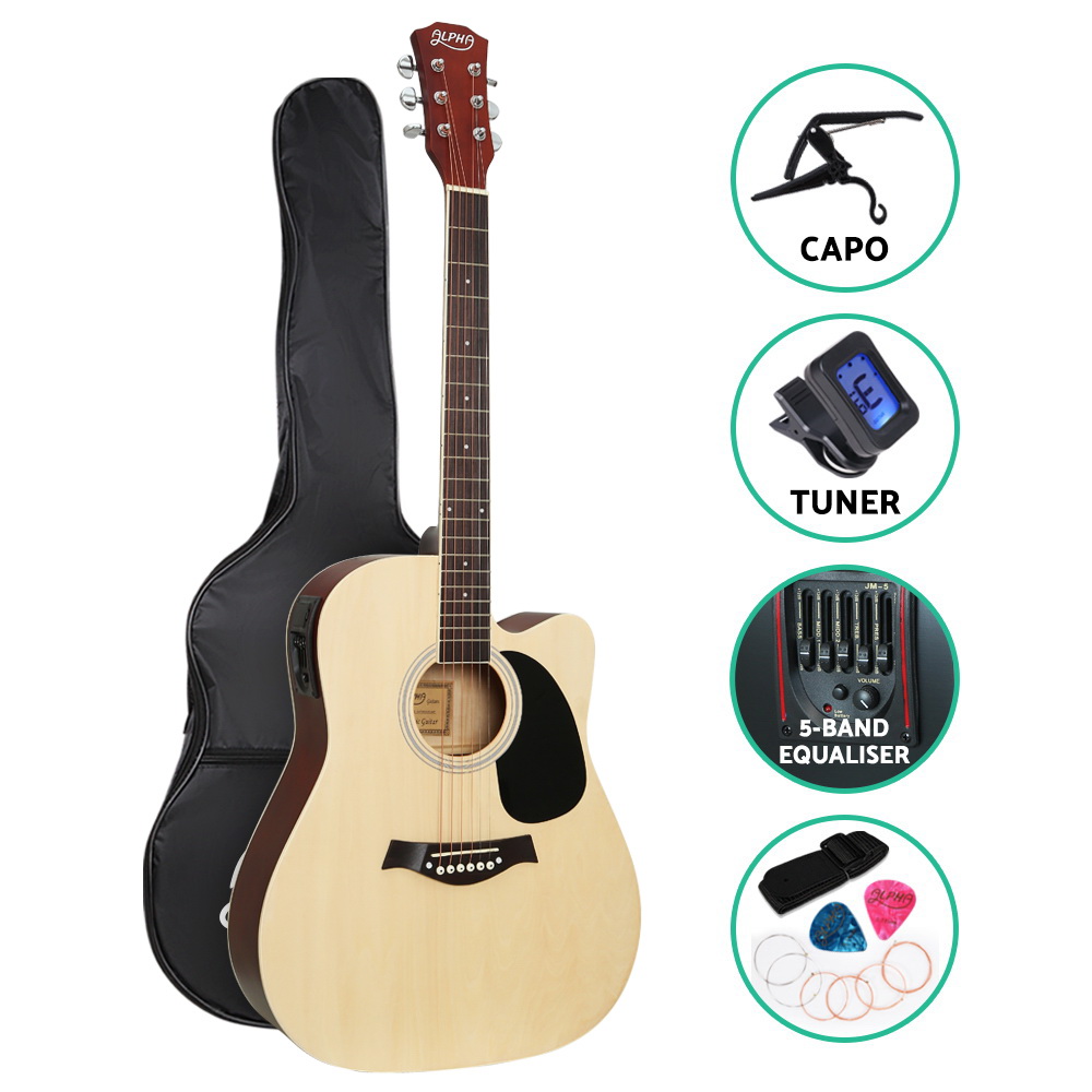 Alpha 41 Inch Electric Acoustic Guitar Wooden Classical With Pickup Capo Tuner Bass Natural