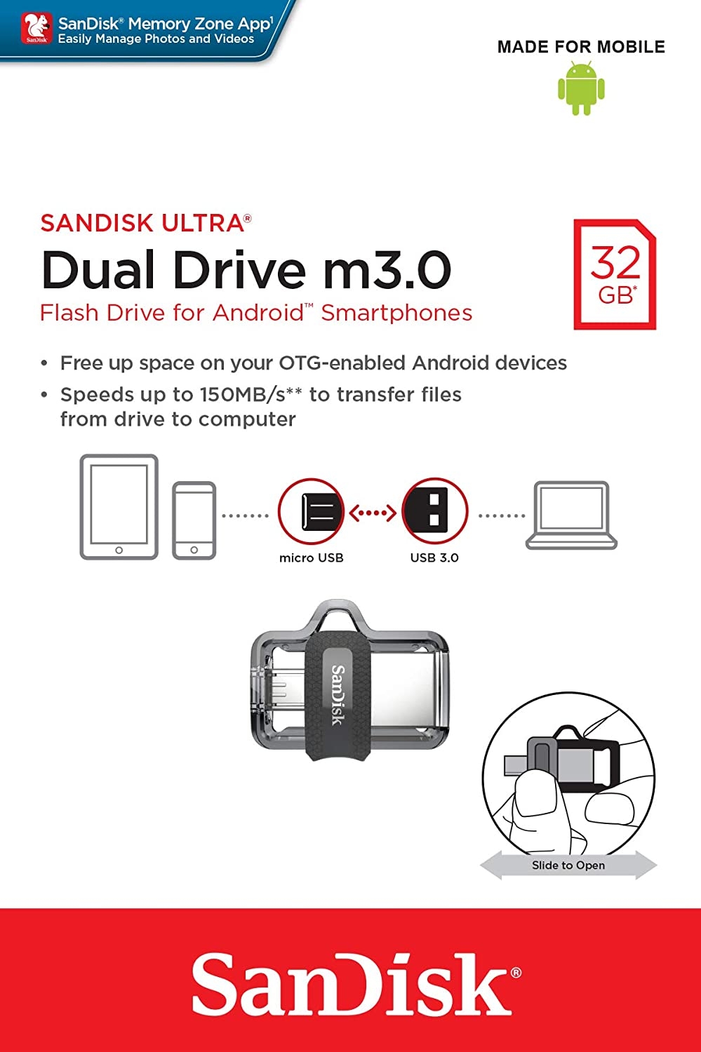 Sandisk Otg Ultra Dual Usb Drive 3.0 For Andriod Phones 32gb 150mb s Sddd3-032g