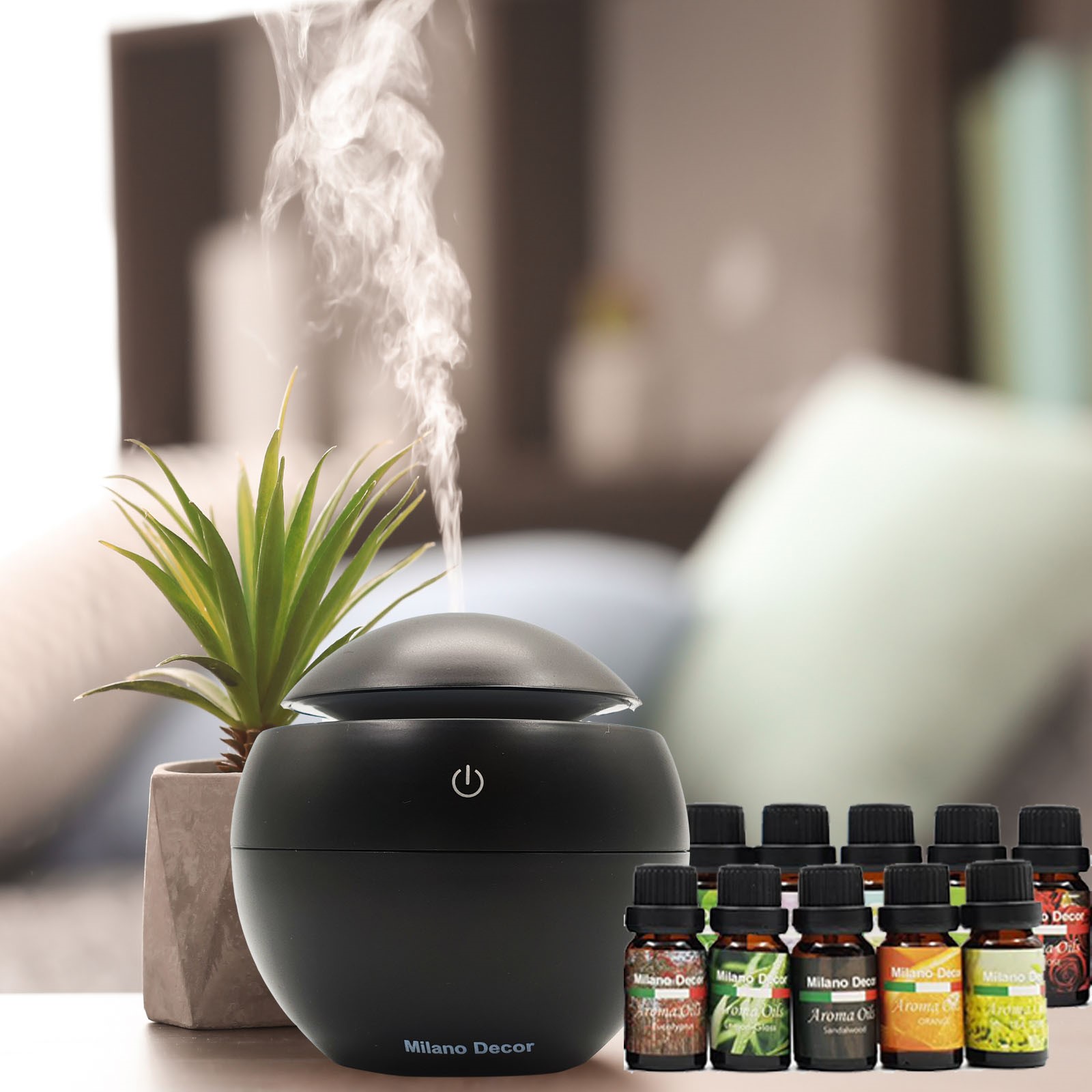 Milano Ultrasonic Usb Diffuser With 10 Aroma Oils Humidifier Led Light 130ml - Black