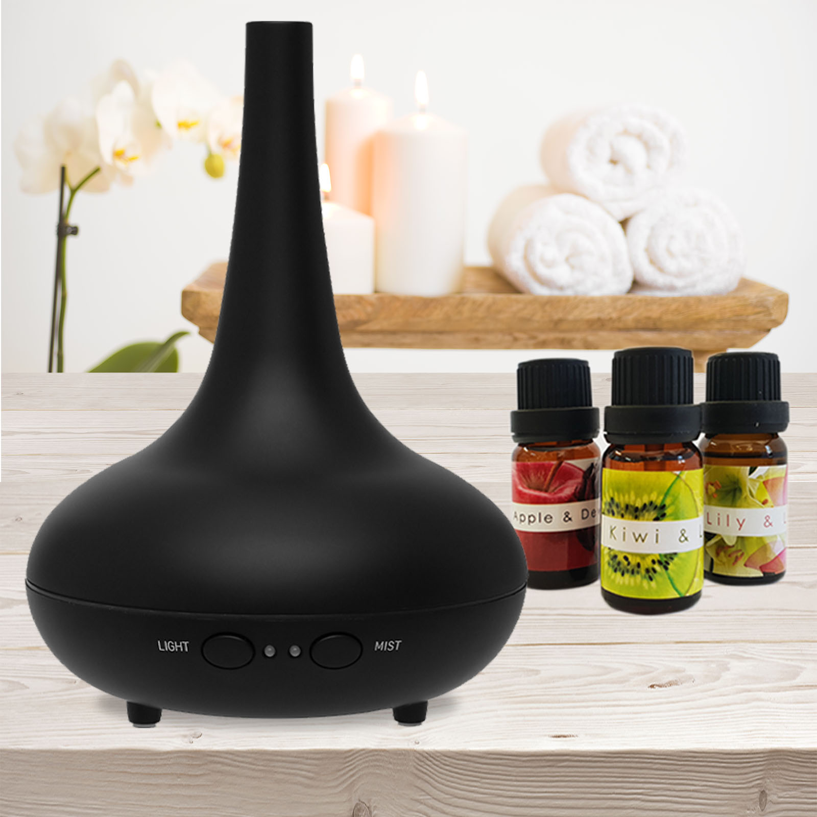 Essential Oil Diffuser Ultrasonic Humidifier Aromatherapy Led Light 200ml 3 Oils - Black