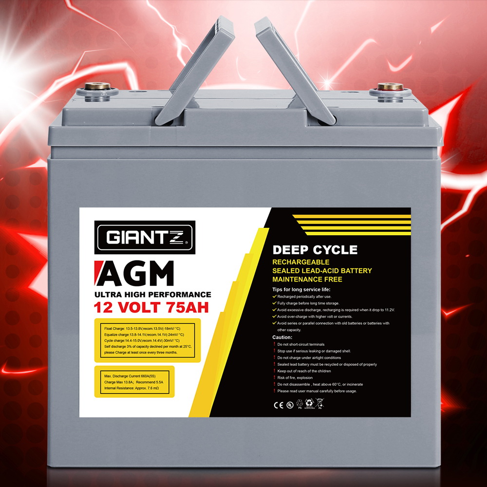 Giantz 75ah Deep Cycle Battery 12v Agm Marine Sealed Power Portable Box Solar Caravan Camping