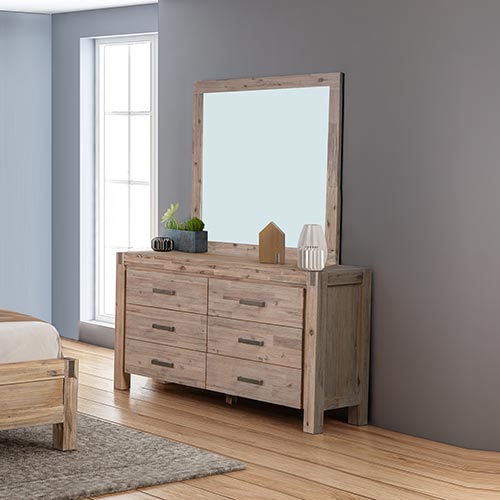 Dresser With 6 Storage Drawers in Solid Acacia and Veneer With Mirror in Oak Colour