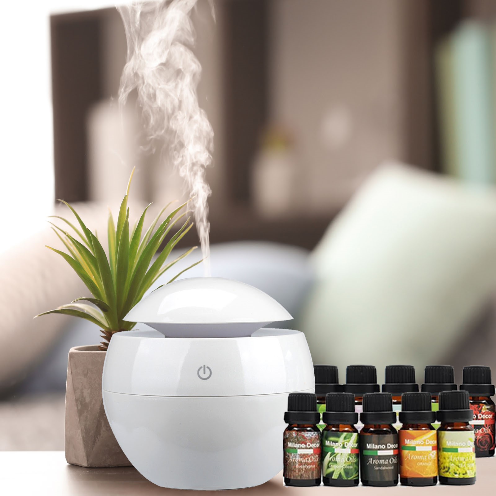 Milano Ultrasonic Usb Diffuser With 10 Aroma Oils Humidifier Led Light 130ml - White
