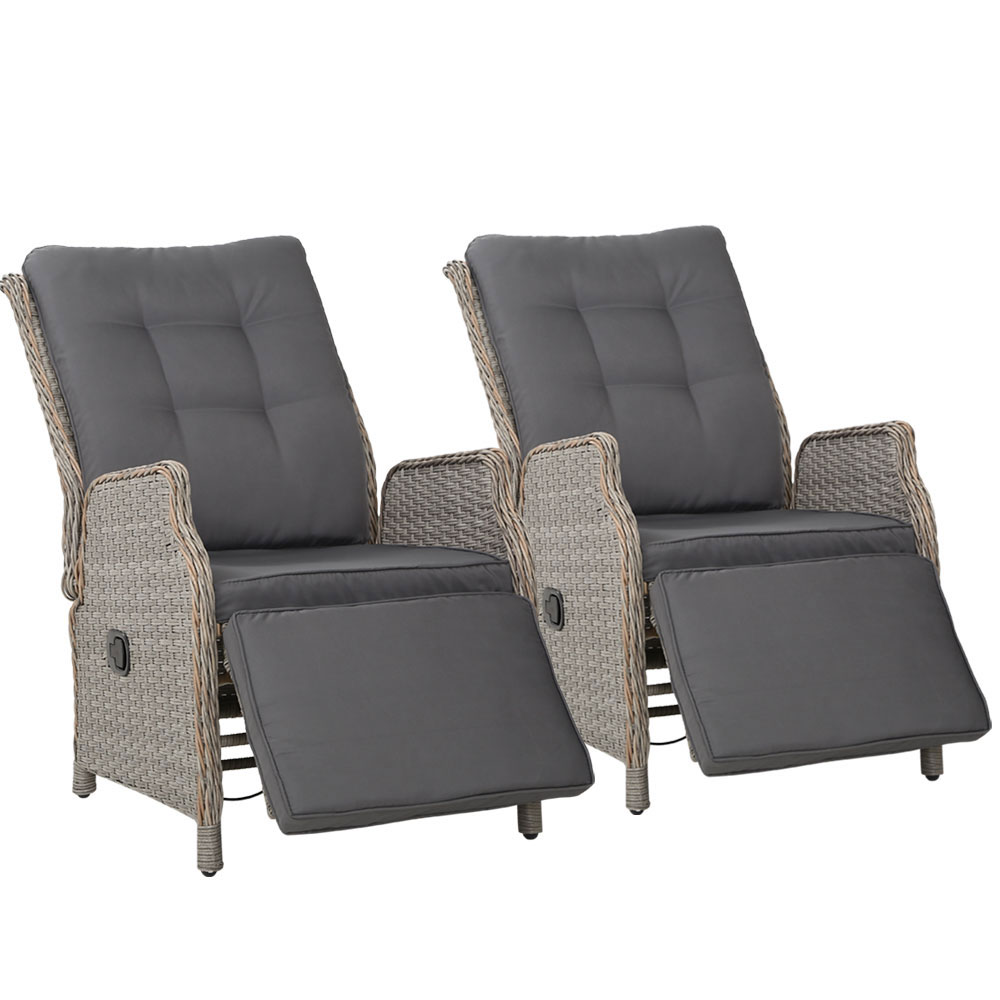 Gardeon Set of 2 Recliner Chairs Sun Lounge Outdoor Furniture Setting Patio Wicker Sofa Grey