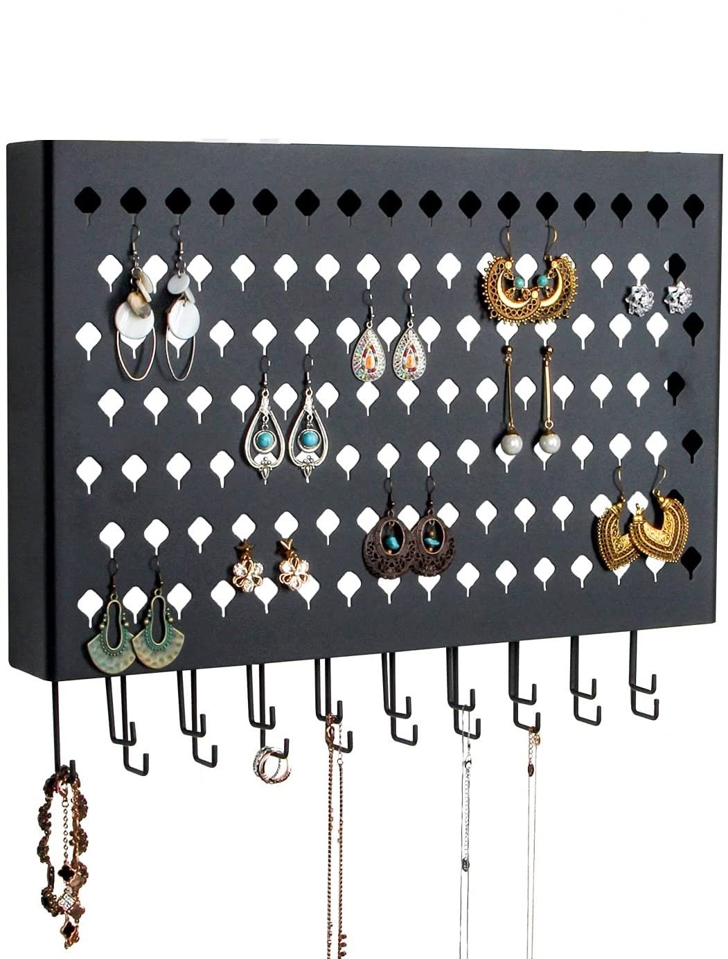 Wall Mount Earring Jewelry Hanger Organizer Holder With 109 Holes and 19 Hooks (black)