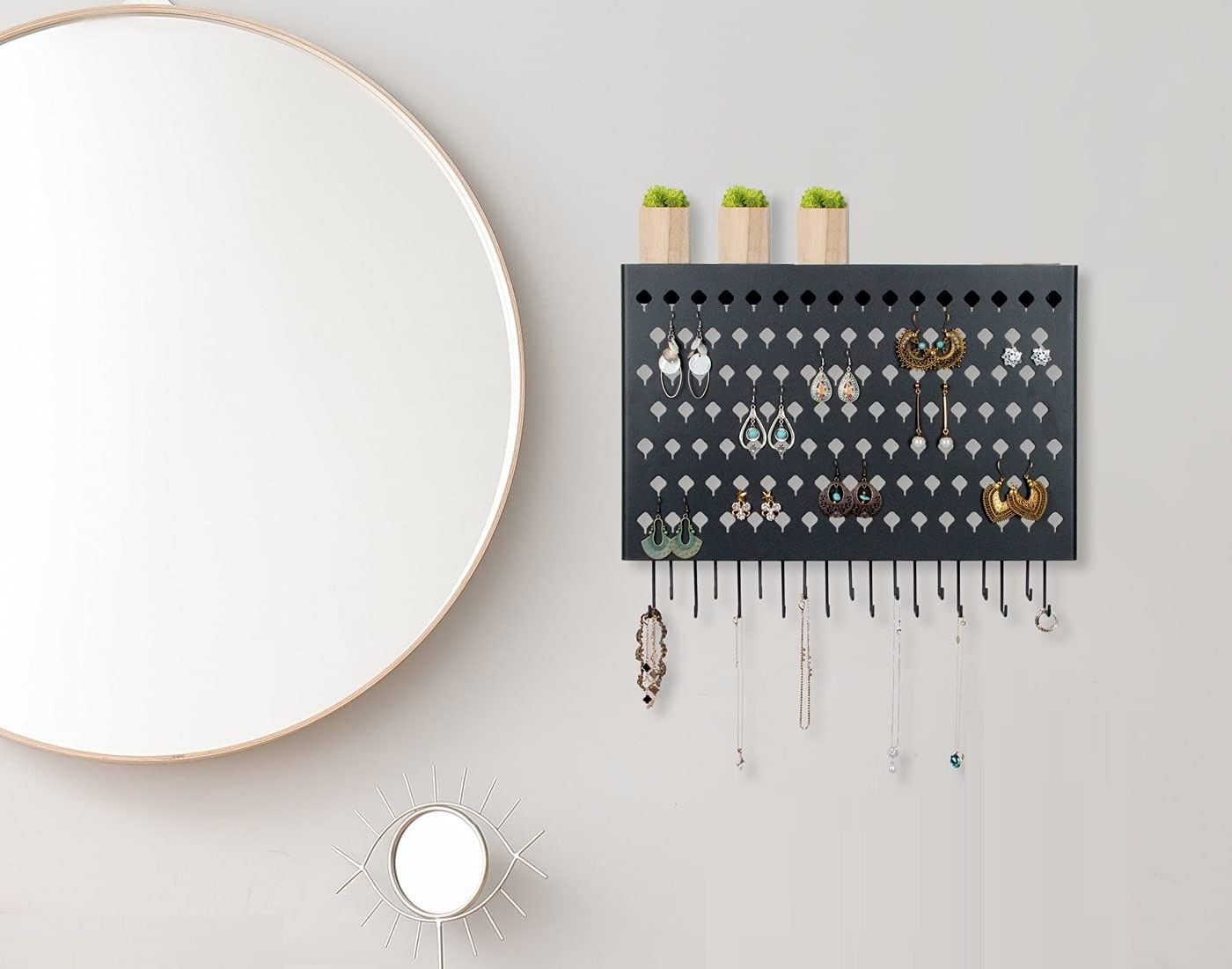 Wall Mount Earring Jewelry Hanger Organizer Holder With 109 Holes and 19 Hooks (black)