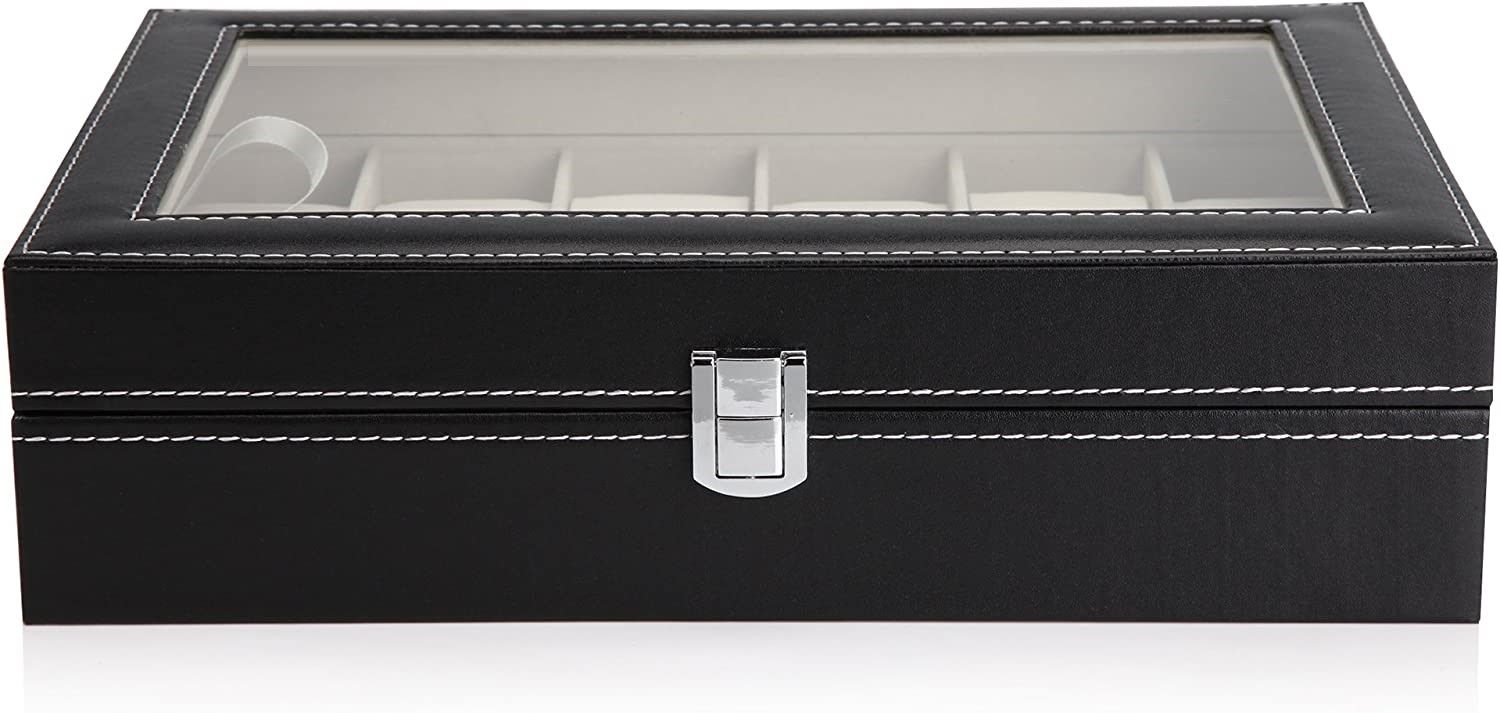 Black Pu Leather Watch Organizer Display Storage Box Cases for Men and Women (12 Slots)