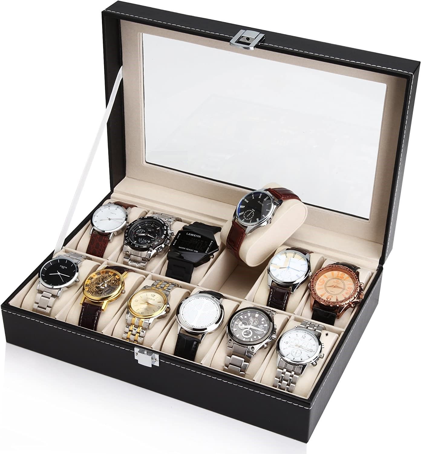 Black Pu Leather Watch Organizer Display Storage Box Cases for Men and Women (12 Slots)