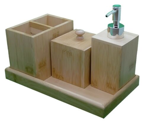 Bamboo Bathroom Accessories Set | Soap Dispenser Toothbrush Holder Storage Box and Tray