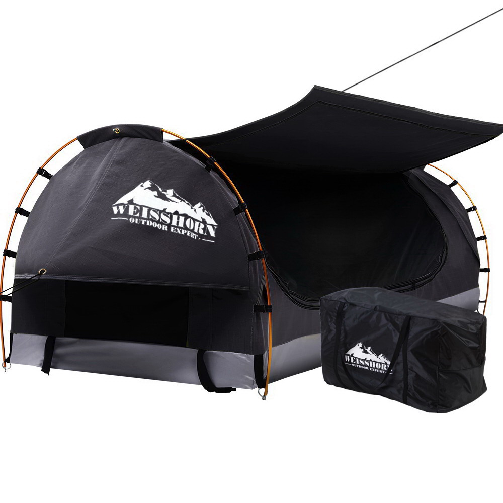 Weisshorn Swag King Single Camping Swags Canvas Free Standing Dome Tent Dark Grey With 7cm Mattress