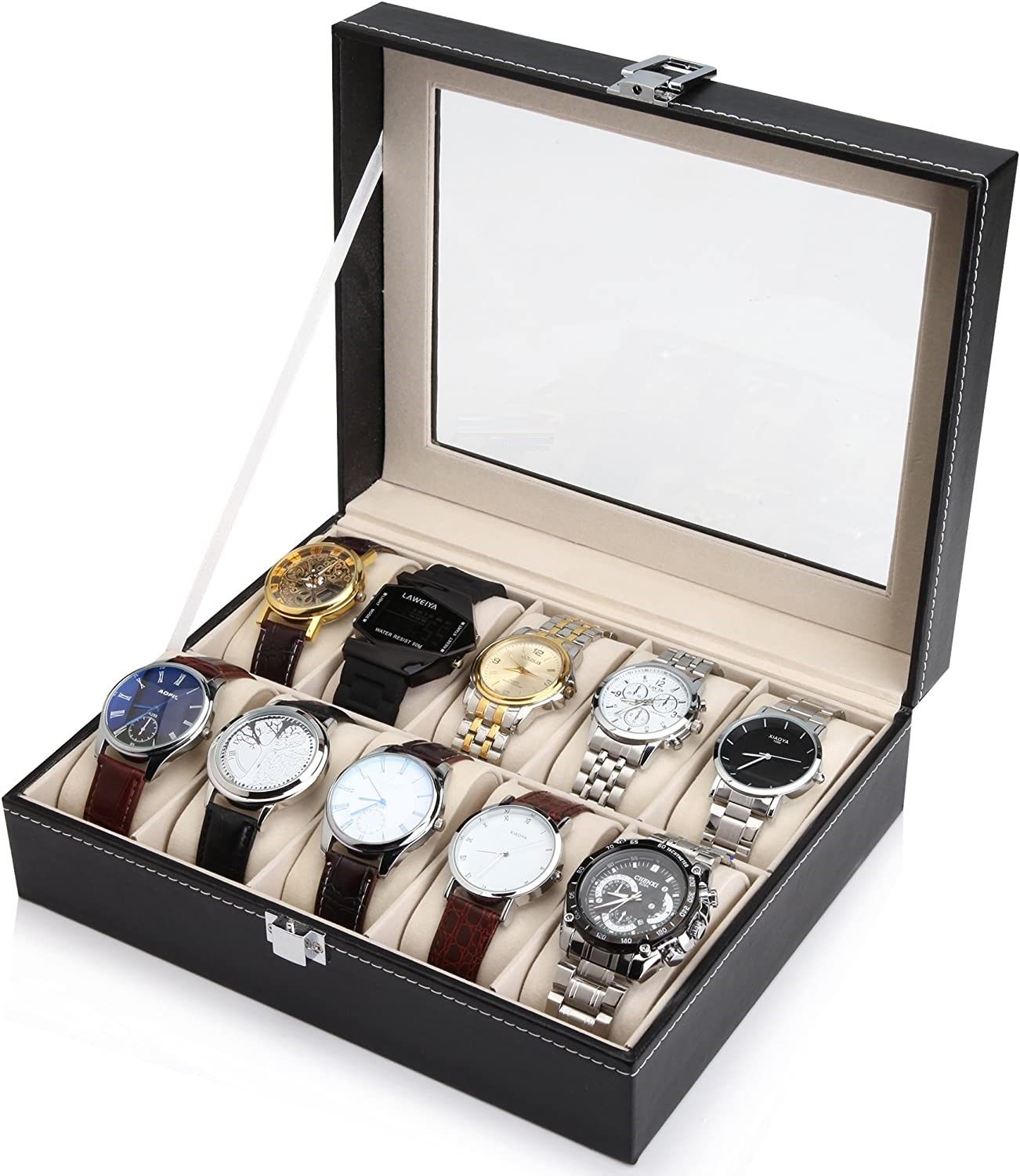 Black Pu Leather Watch Organizer Display Storage Box Cases for Men and Women (10 Slots)