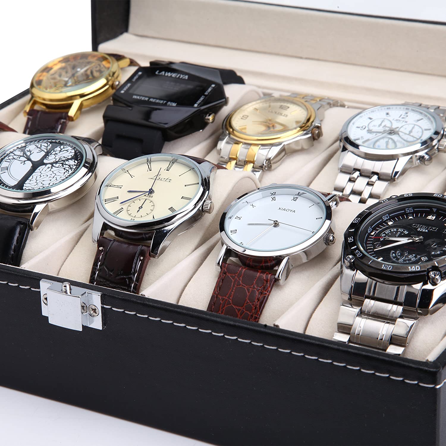 Black Pu Leather Watch Organizer Display Storage Box Cases for Men and Women (10 Slots)