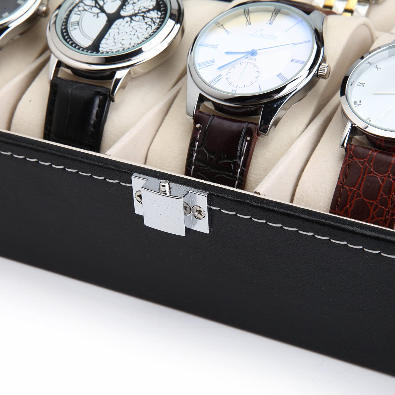 Black Pu Leather Watch Organizer Display Storage Box Cases for Men and Women (10 Slots)