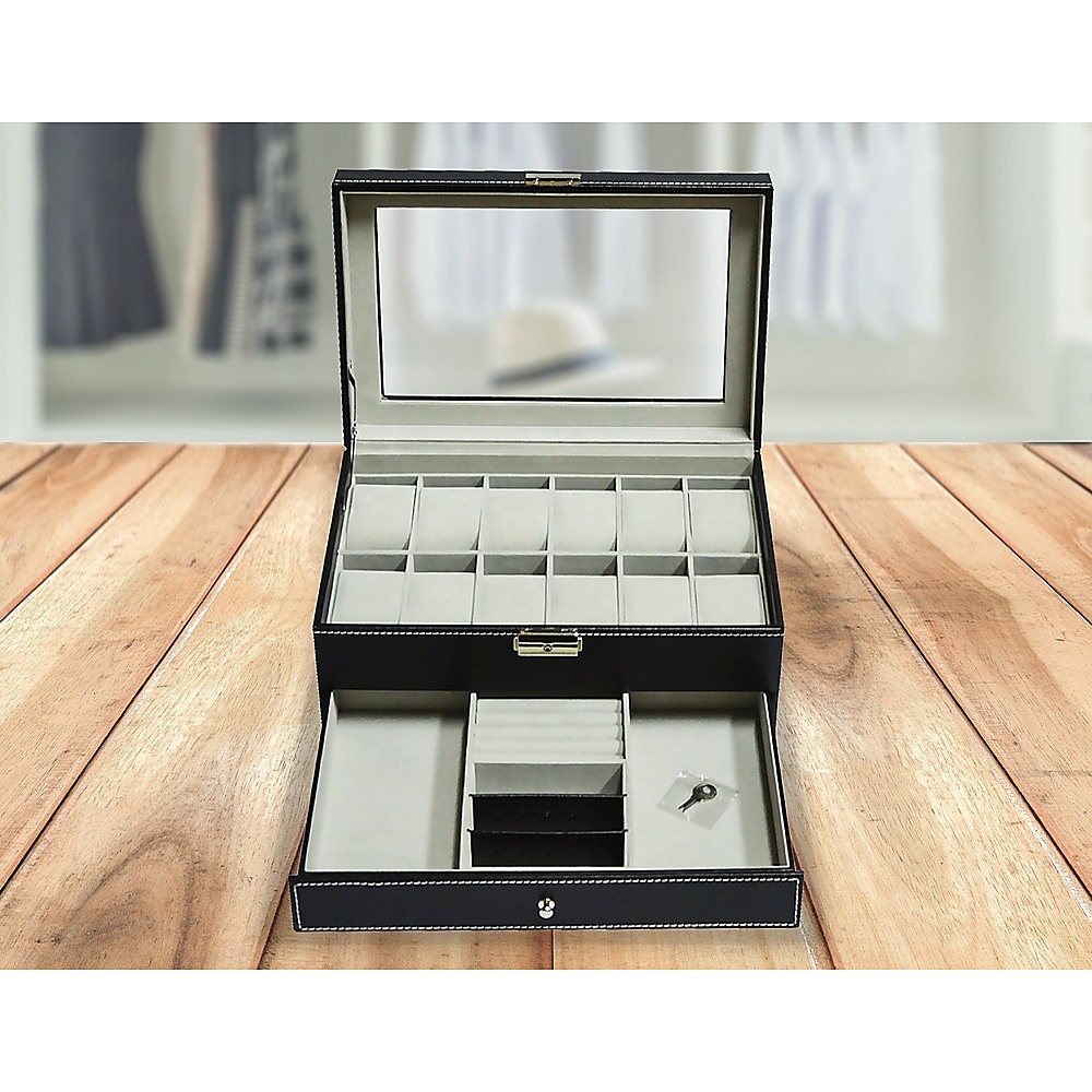 12 Grids Watch Display Case Leather Jewellery Storage Box Organiser Lock Key