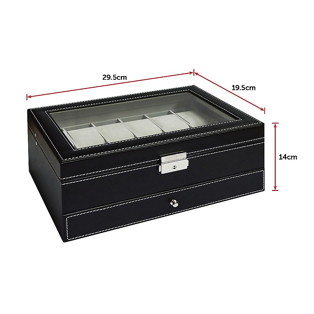 12 Grids Watch Display Case Leather Jewellery Storage Box Organiser Lock Key