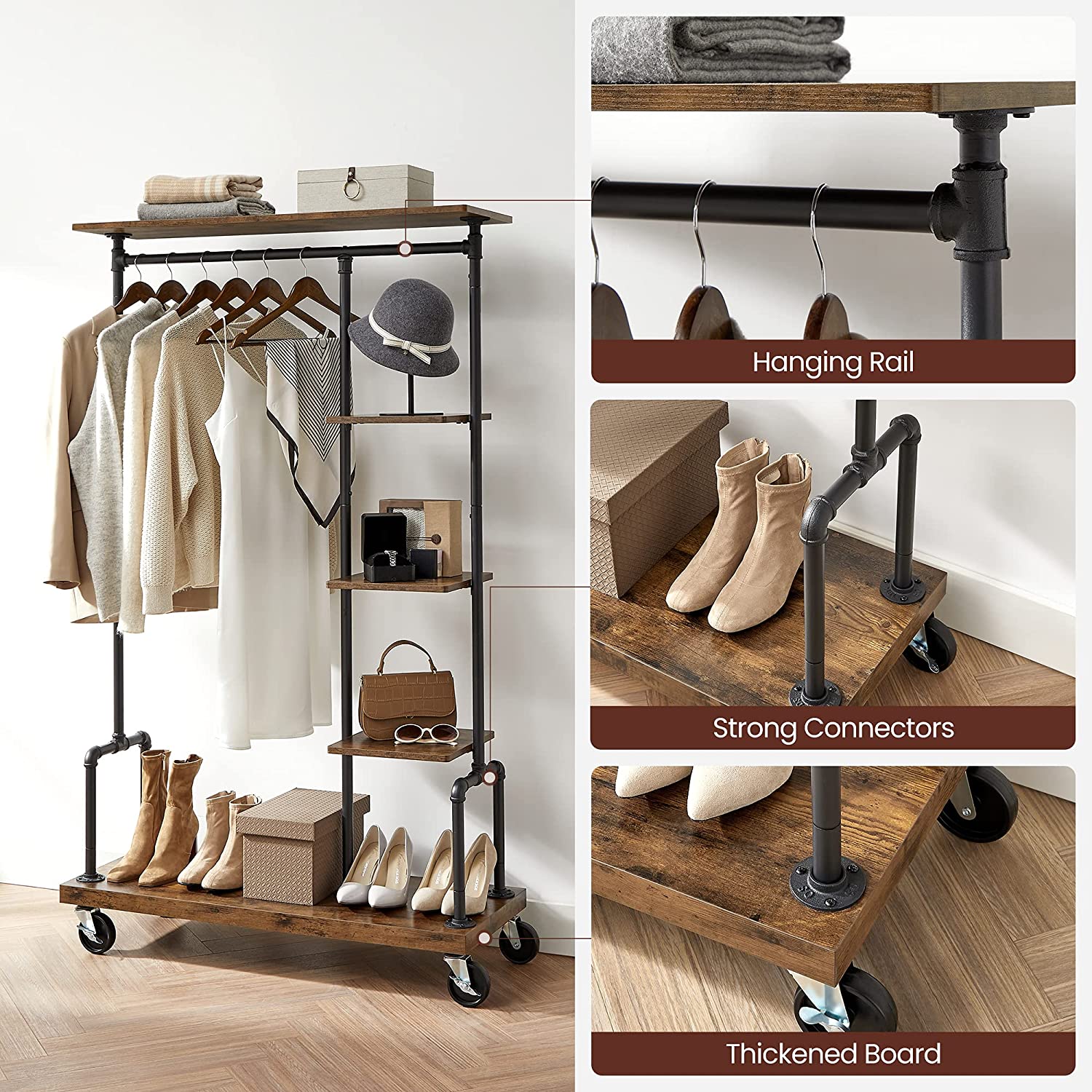 Clothing Garment Rack on Wheels With 5-tier Industrial Pipe Style Rustic Brown