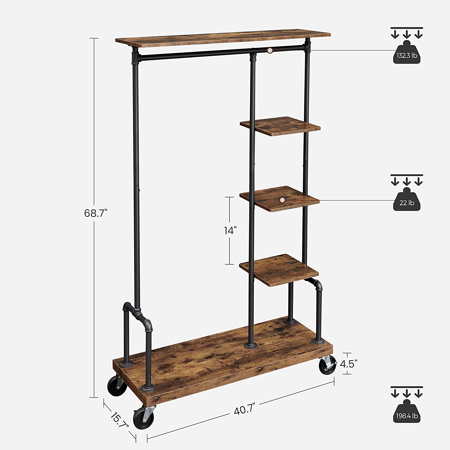 Clothing Garment Rack on Wheels With 5-tier Industrial Pipe Style Rustic Brown