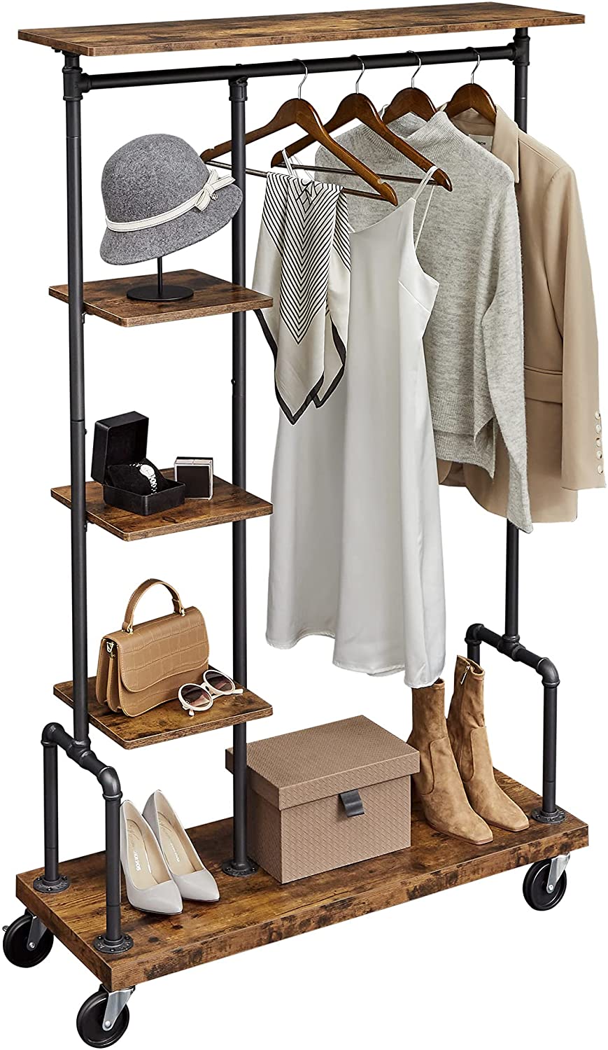 Clothing Garment Rack on Wheels With 5-tier Industrial Pipe Style Rustic Brown