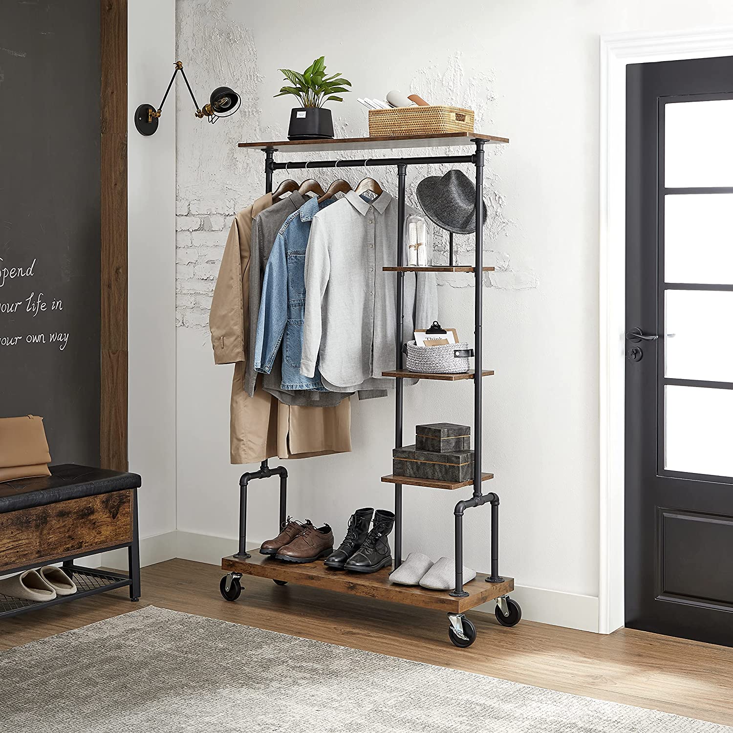Clothing Garment Rack on Wheels With 5-tier Industrial Pipe Style Rustic Brown